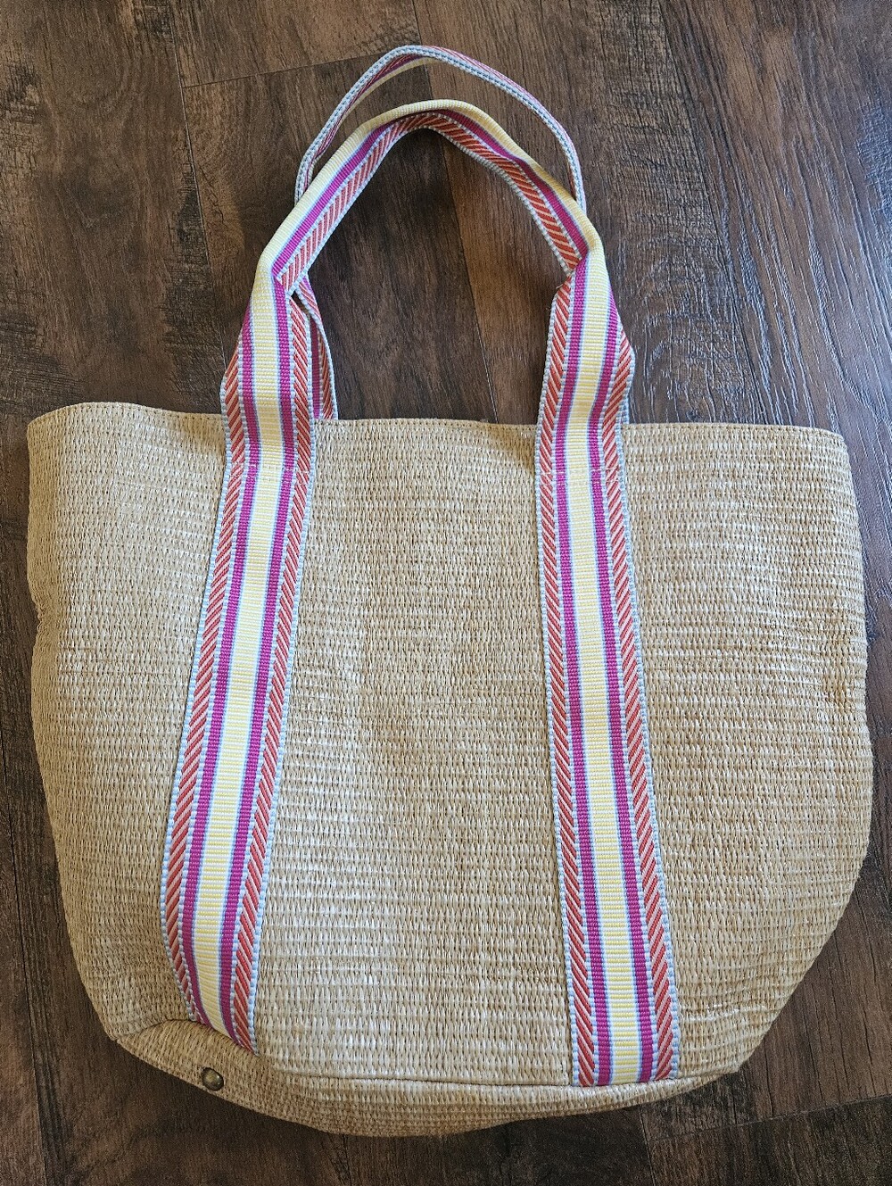 The Drop Natural Straw Tote with Pink and Yellow Stripe Handles